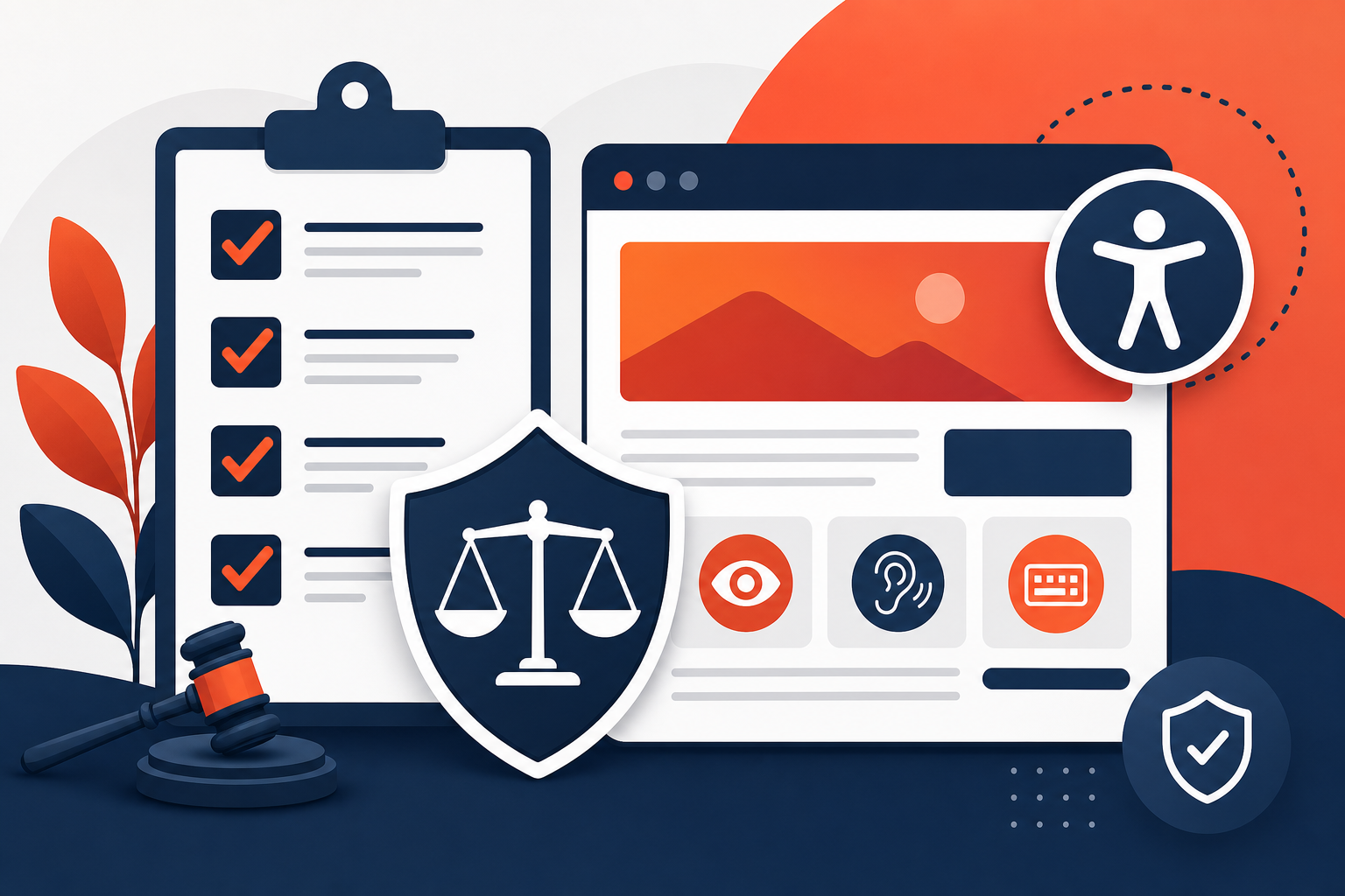 Accessibility compliance checklist with a legal scale and an access badge on a compliant webpage