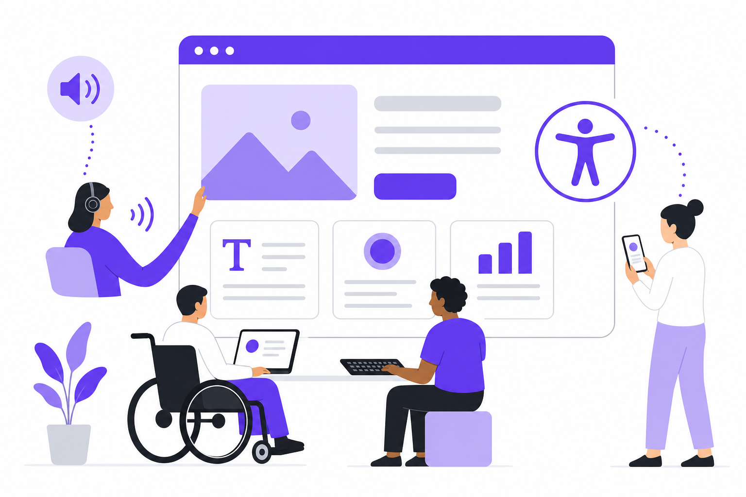 Diverse group of people using assistive technologies to interact with a website, illustrating inclusive design