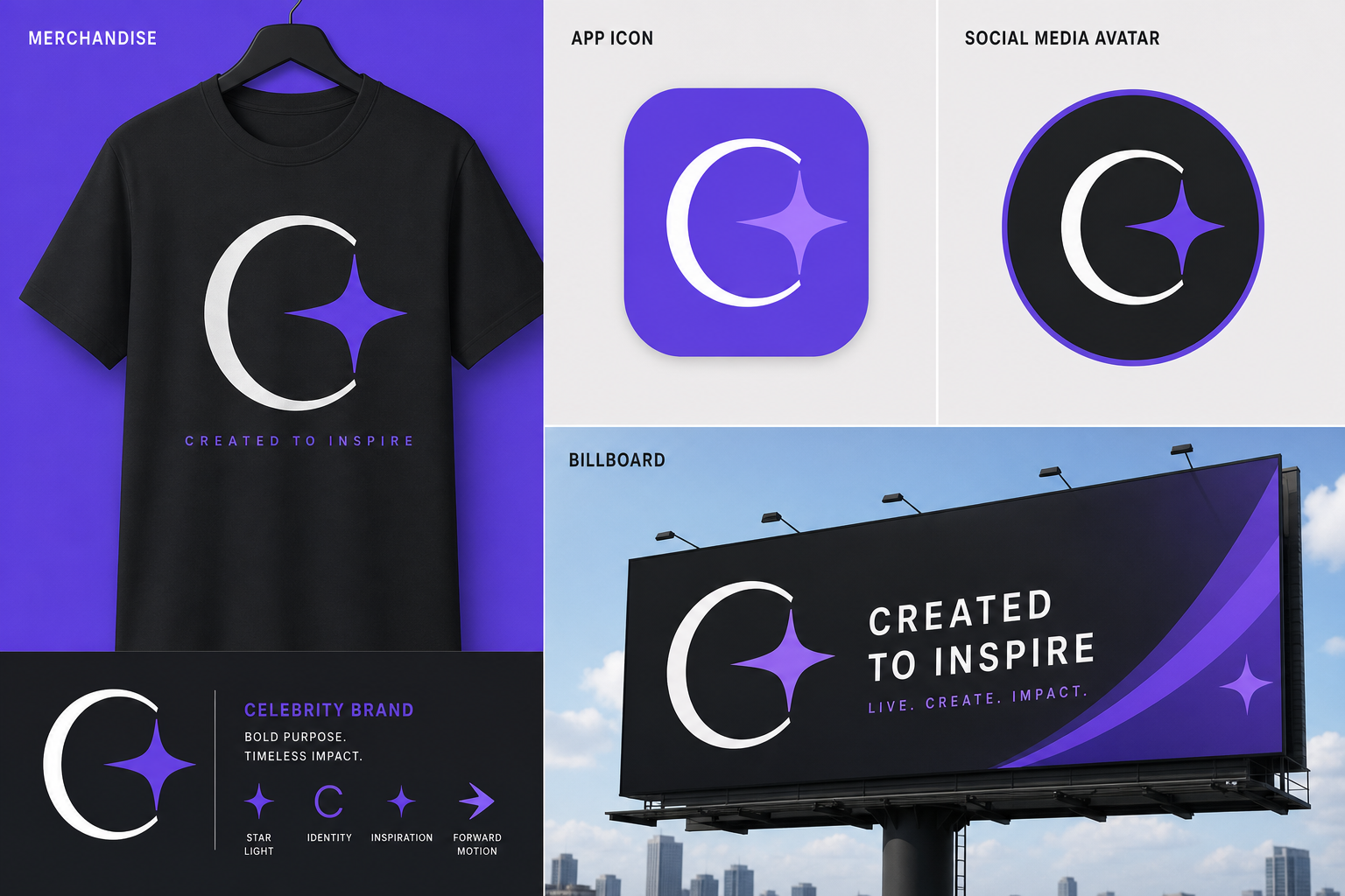 Celebrity brand identity applied to merchandise, app icon, social media and outdoor advertising