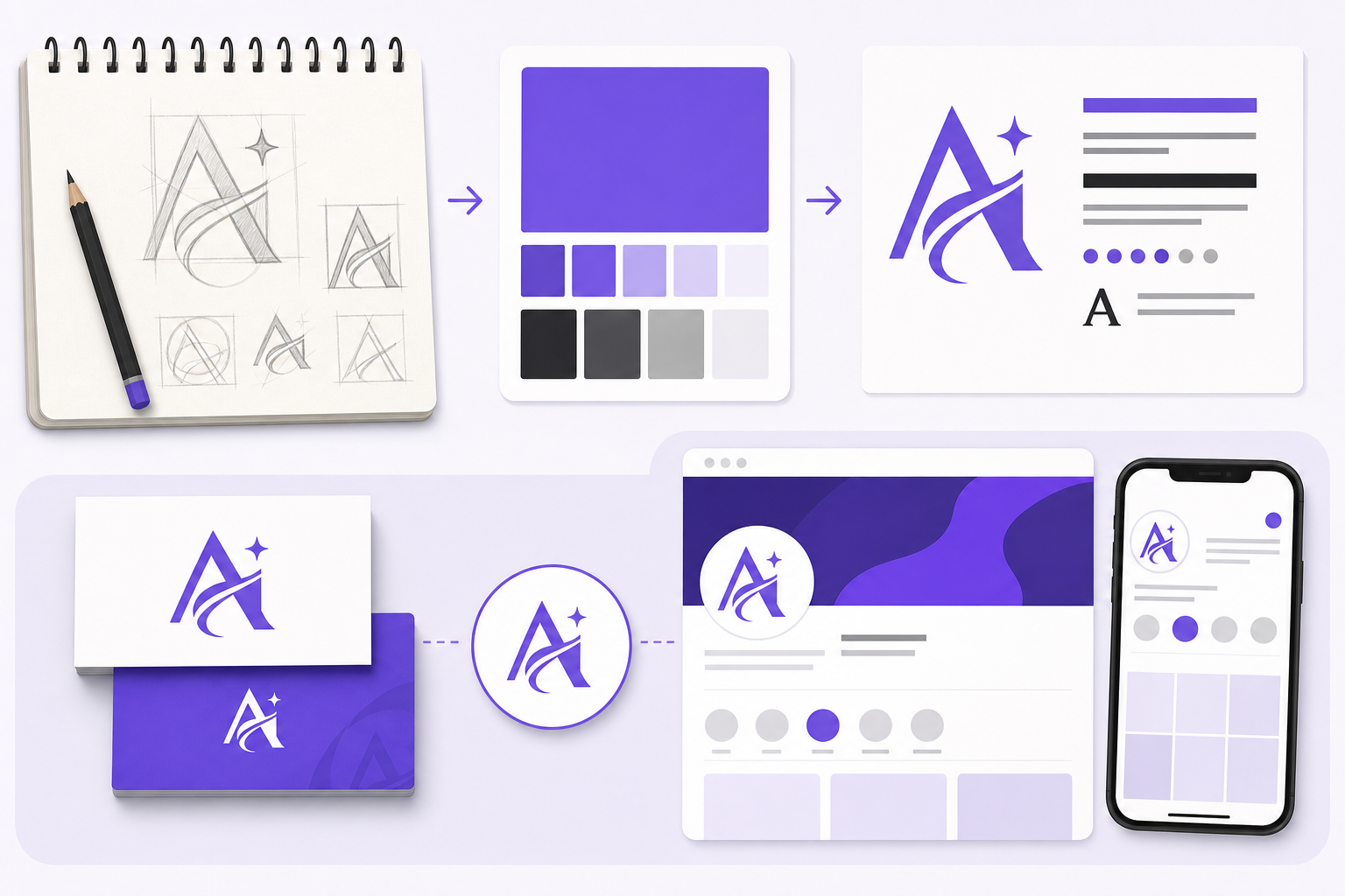 Logo design process with sketches, color palette, typography and final brand applications
