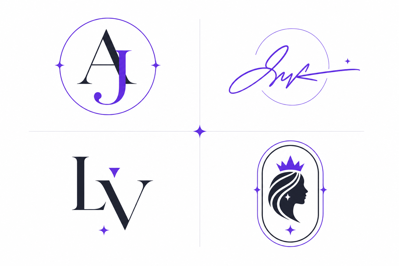 Examples of celebrity personal brand logo types: monogram, script signature, wordmark and emblem badge