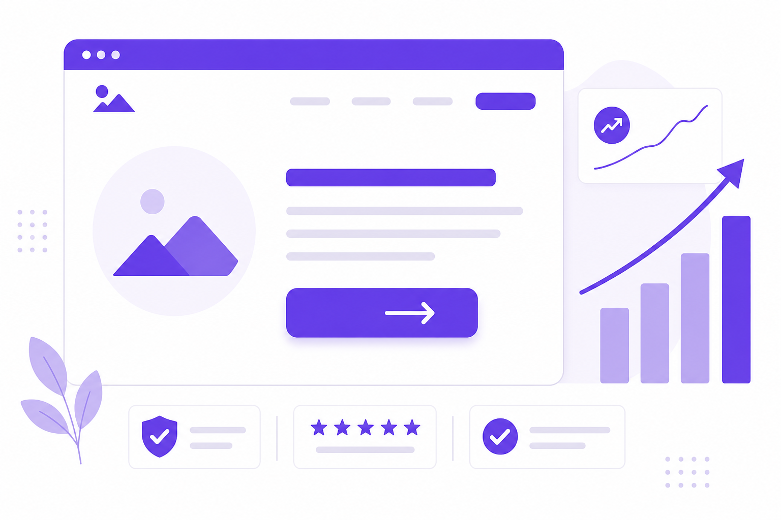 Landing page mockup with a prominent call-to-action button and rising conversion chart