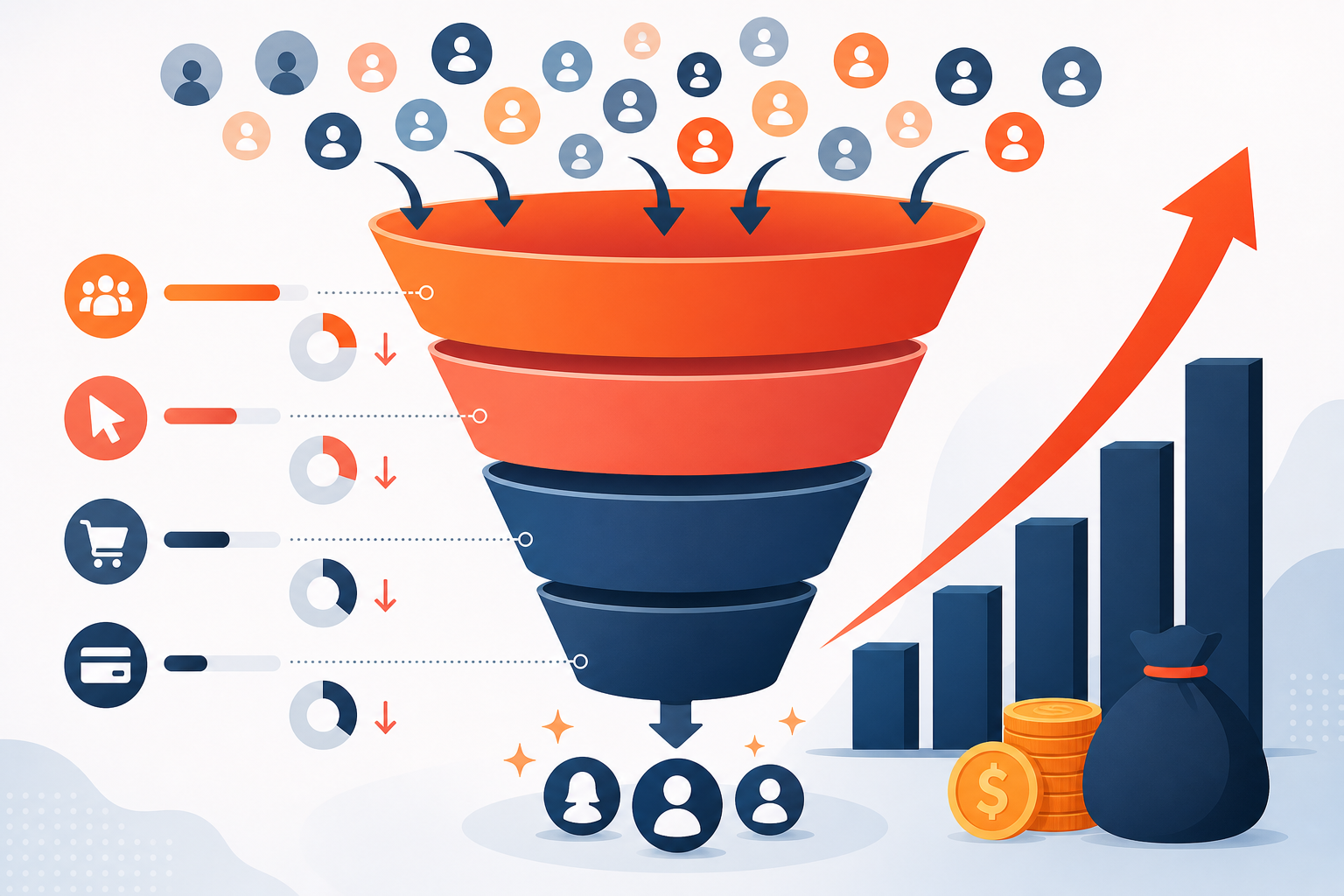Marketing conversion funnel showing many visitors entering and fewer converting into customers with drop-off stages
