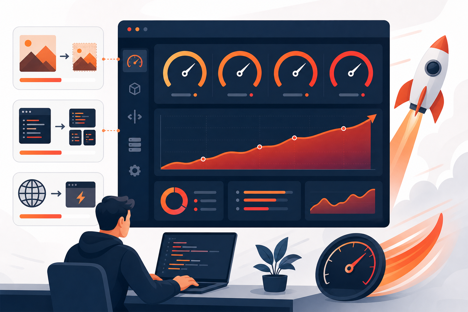 Performance dashboard with score dials and an upward speed trend representing website optimisation