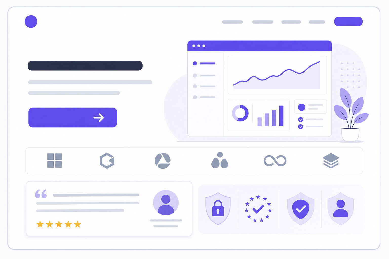 Landing page trust elements including testimonials, star ratings, client logos and call-to-action button