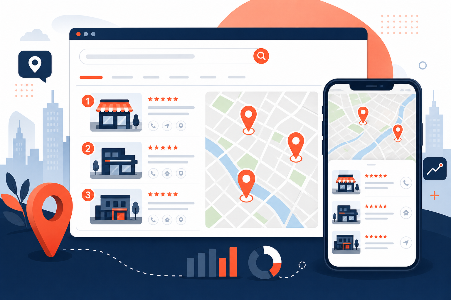 Local map pack showing three ranked business listings with star ratings beside a map