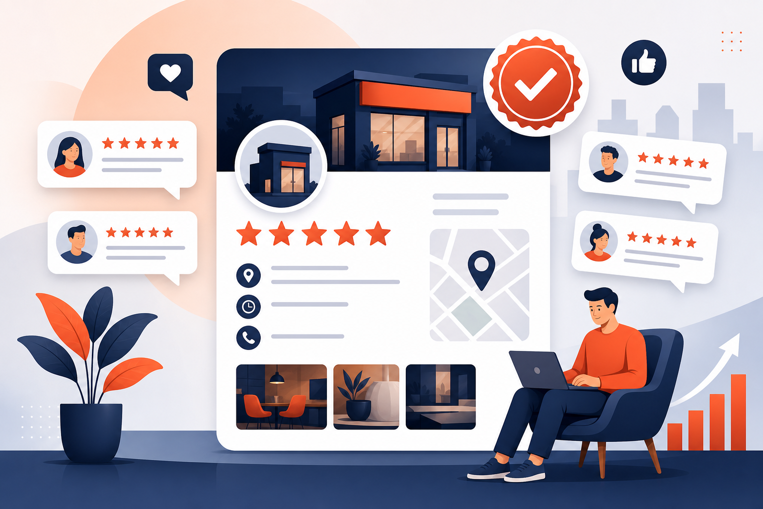 Business profile card with five-star ratings, review bubbles and a verified badge