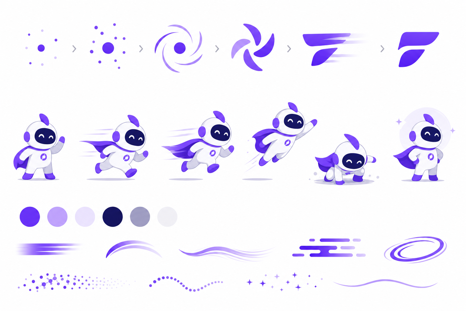 Brand identity elements with motion frames showing logo animation and mascot movement
