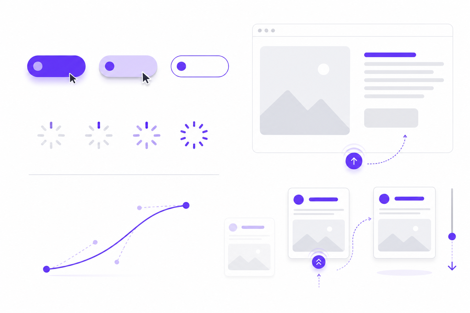Website UI showing micro-interactions such as button states, loading indicators and scroll motion