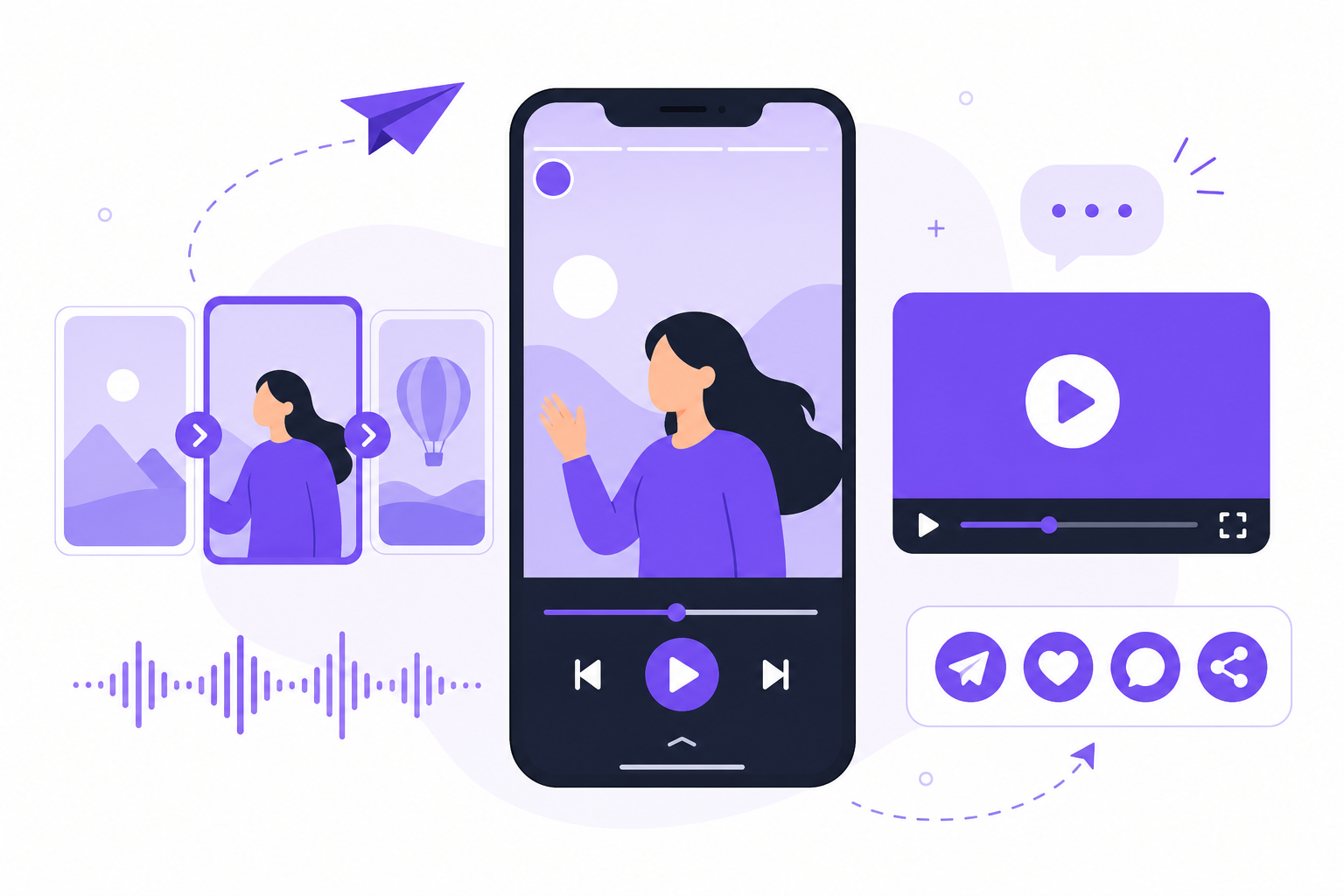 Smartphone displaying animated social media stories and video controls for digital marketing